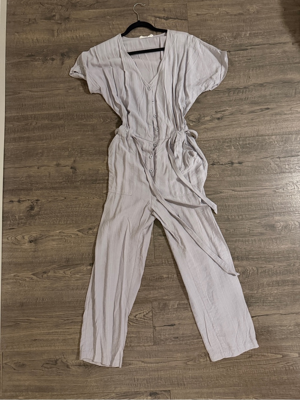 All in Favor Light Gray Button-Front Jumpsuit with Tie Waist